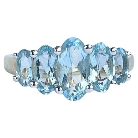 Vintage Aqua and 9 Carat Gold Three-Stone Ring