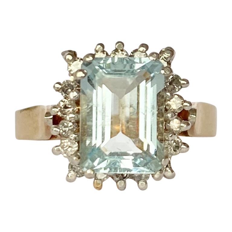 Vintage Aqua and Diamond 10 Carat Gold Cluster Ring
