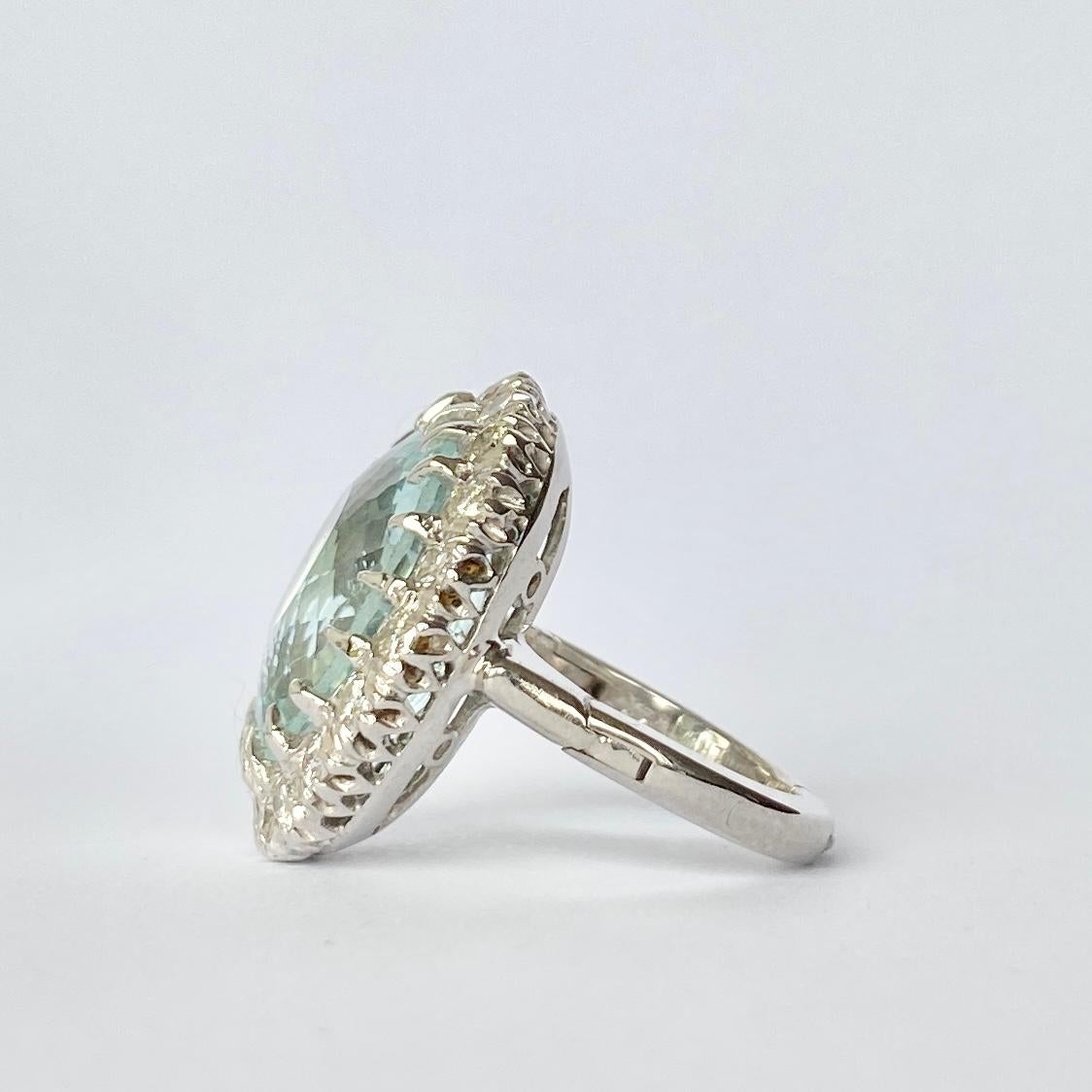 Modern Vintage Aqua and Diamond 14 Carat White Gold Cluster Ring