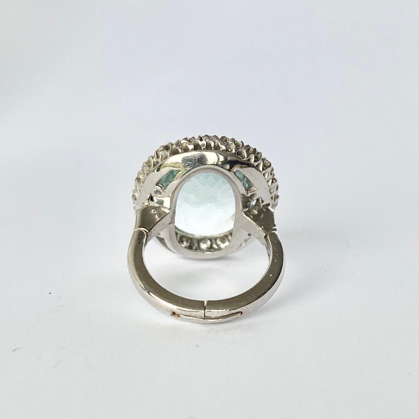 Round Cut Vintage Aqua and Diamond 14 Carat White Gold Cluster Ring