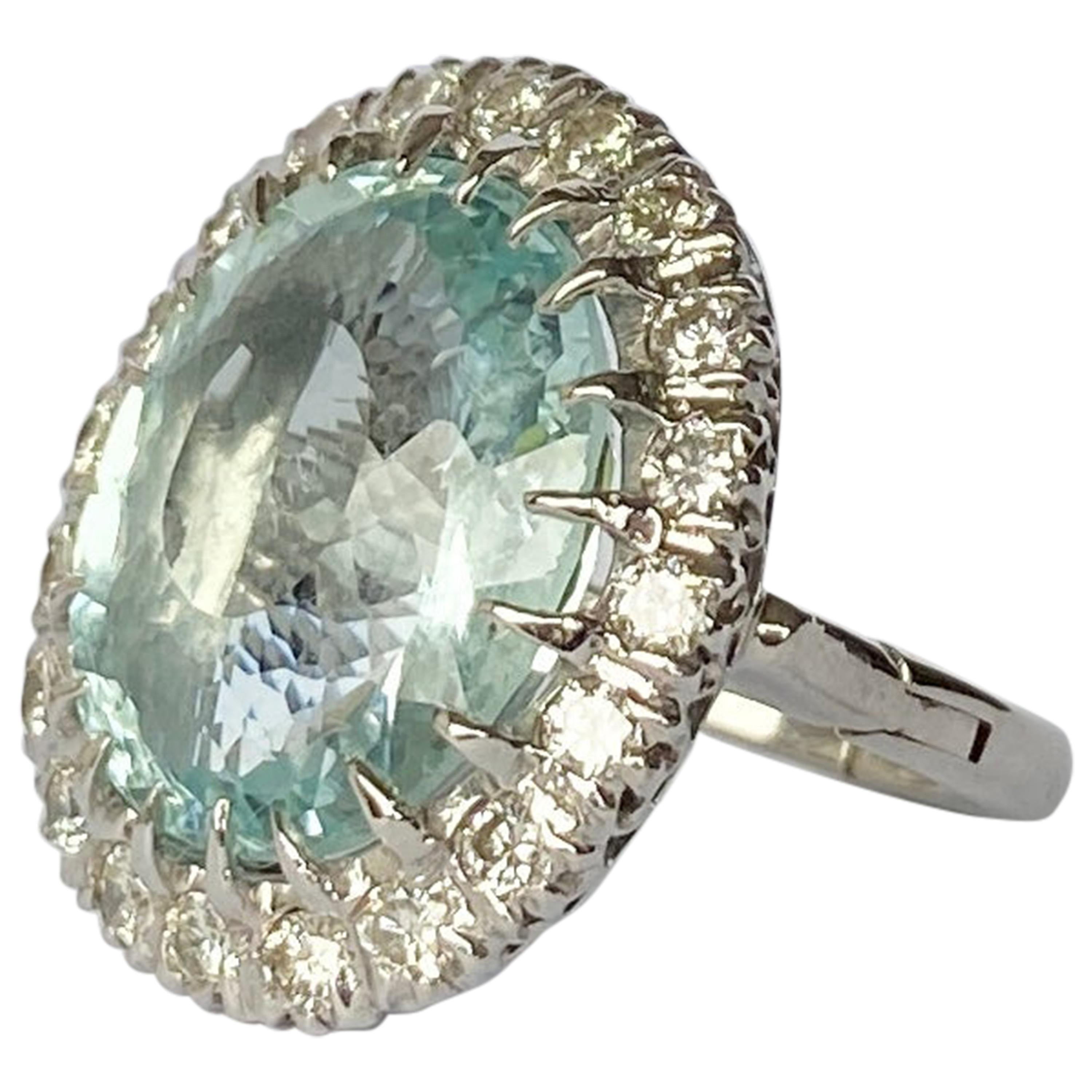 Vintage Aqua and Diamond 14 Carat White Gold Cluster Ring