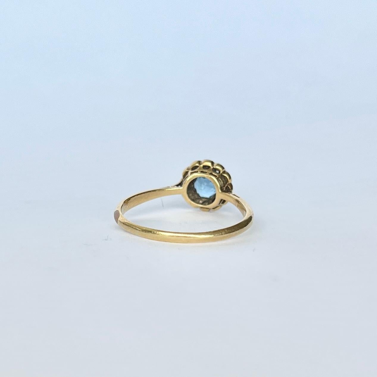 Round Cut Vintage Aqua and Diamond 18 Carat Gold Cluster Ring
