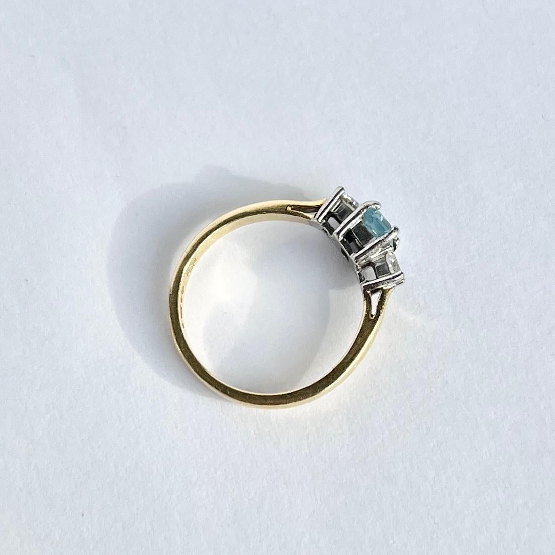 Emerald Cut Vintage Aqua and Diamond 18 Carat Gold Three Stone Ring  For Sale