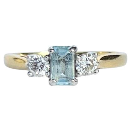 Vintage Aqua and Diamond 18 Carat Gold Three Stone Ring  For Sale