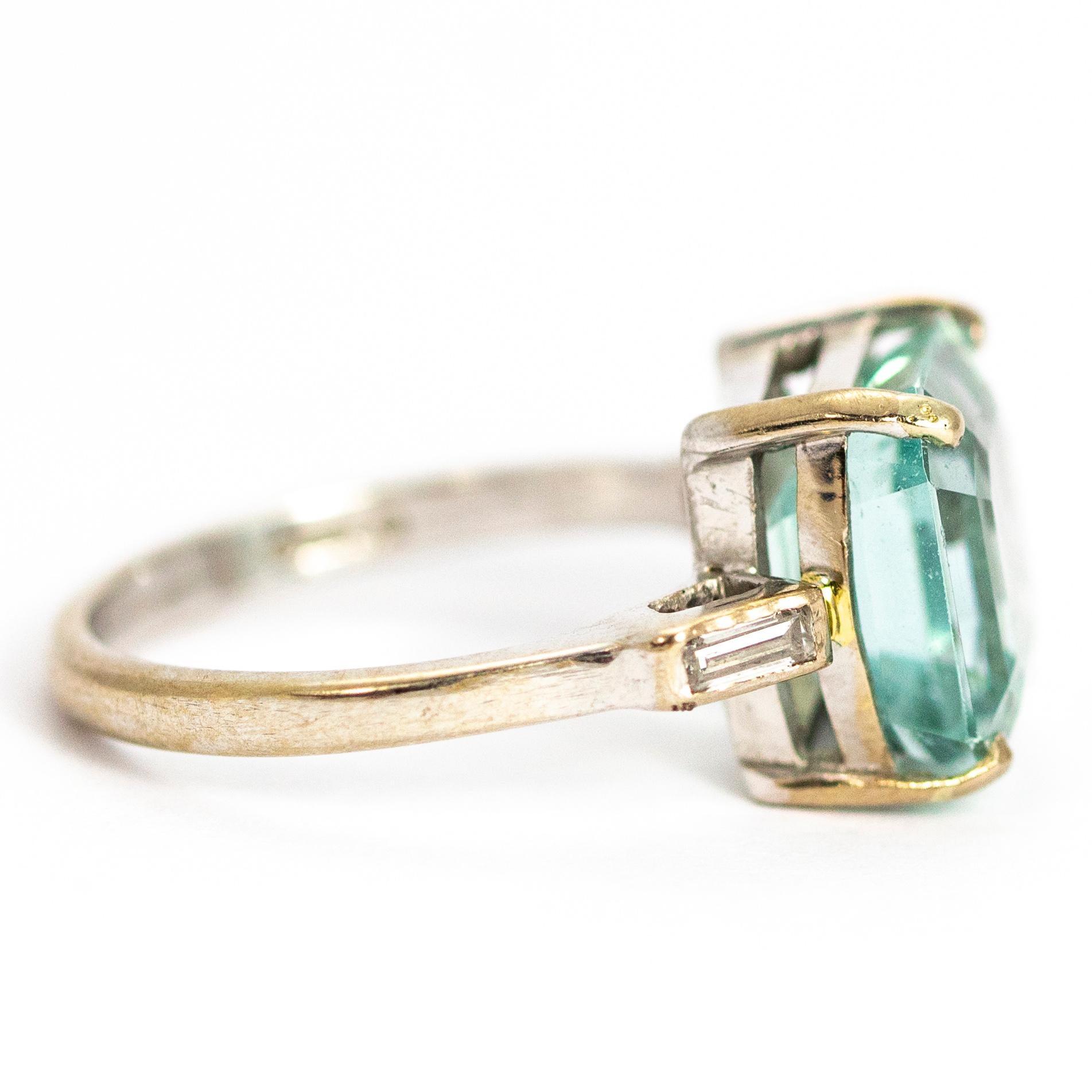 Women's Vintage Aqua and Diamond 18 Carat White Gold Ring