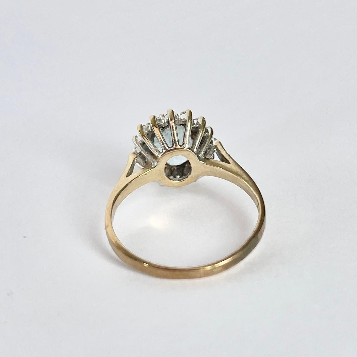 Emerald Cut Vintage Aqua and Diamond 9 Carat Gold Cluster Ring