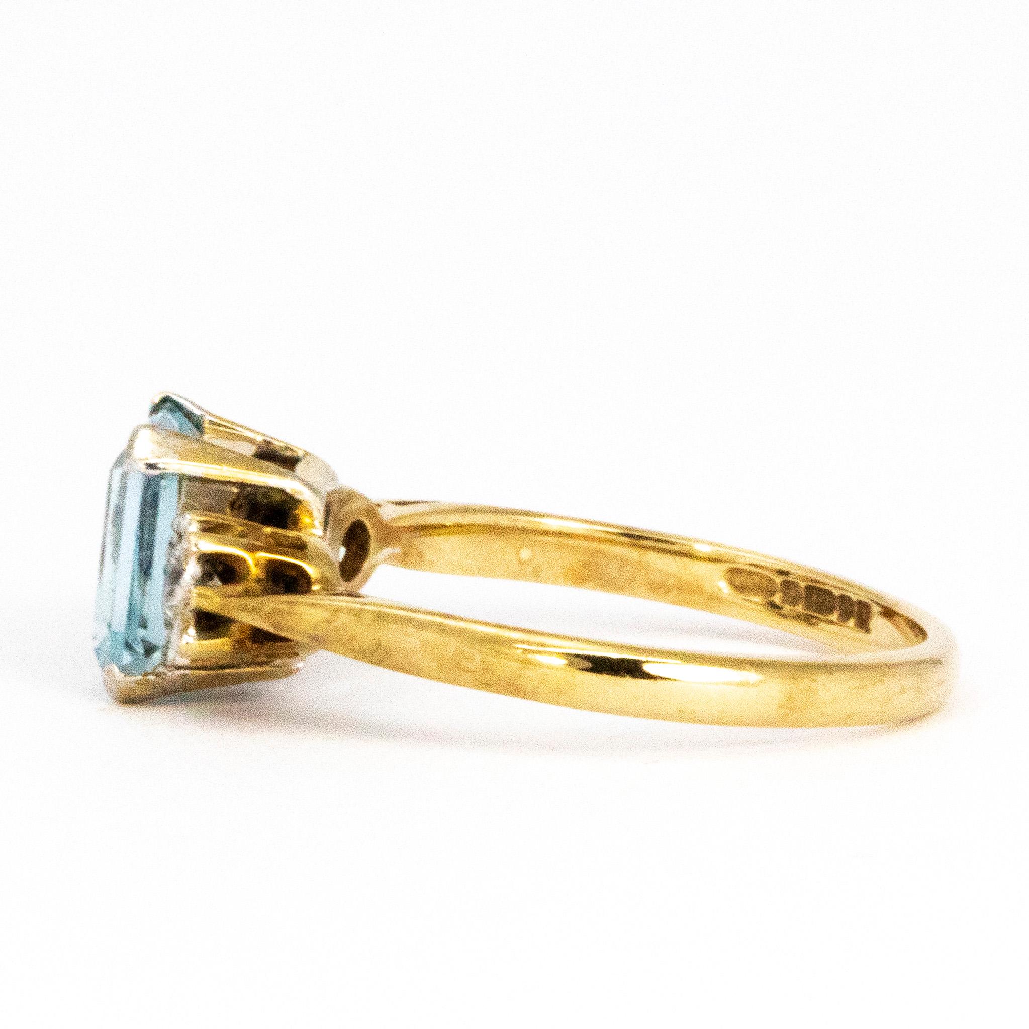 Modern Vintage Aqua and Diamond 9 Carat Gold  Three-Stone Ring