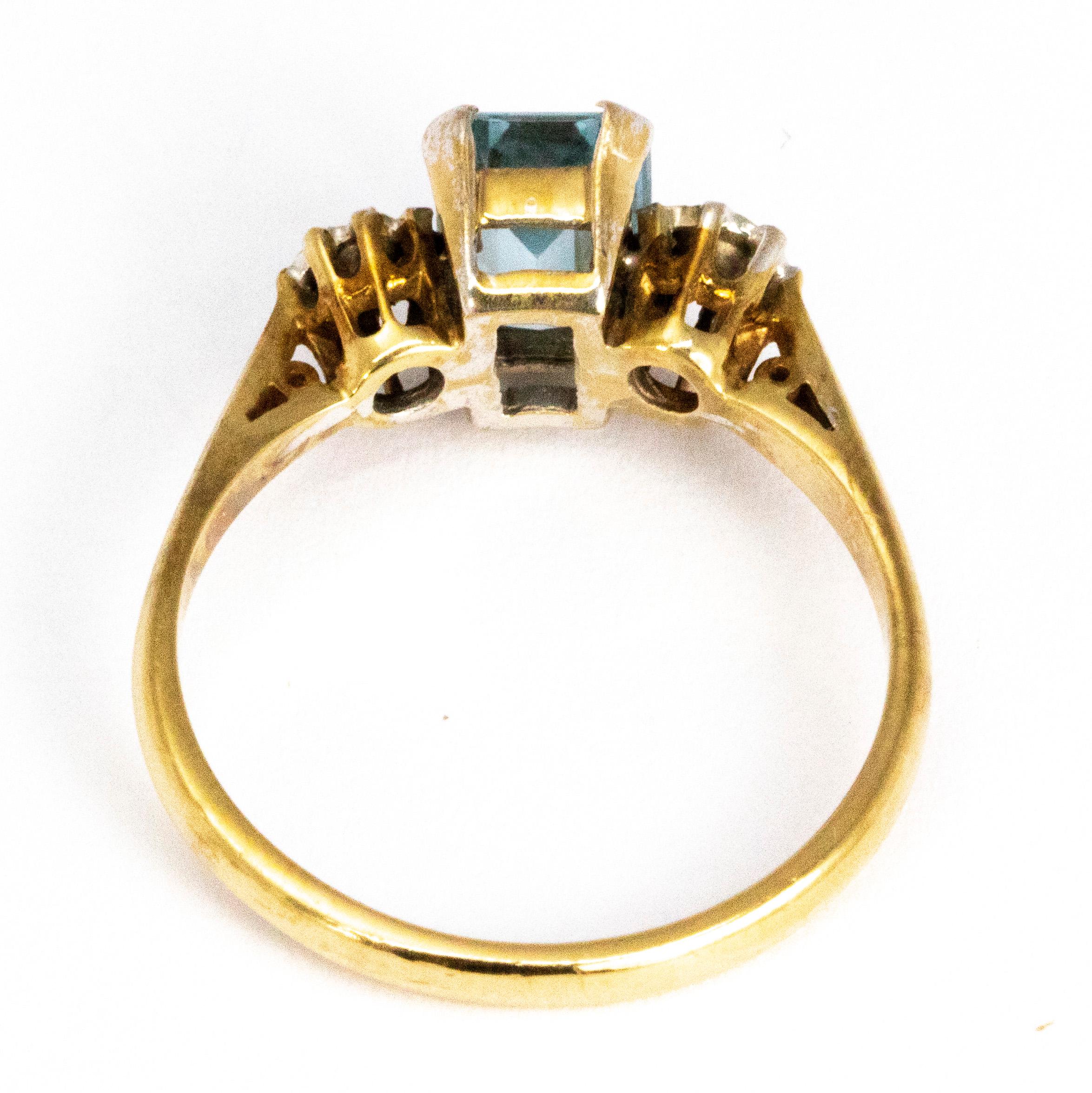 Women's or Men's Vintage Aqua and Diamond 9 Carat Gold  Three-Stone Ring