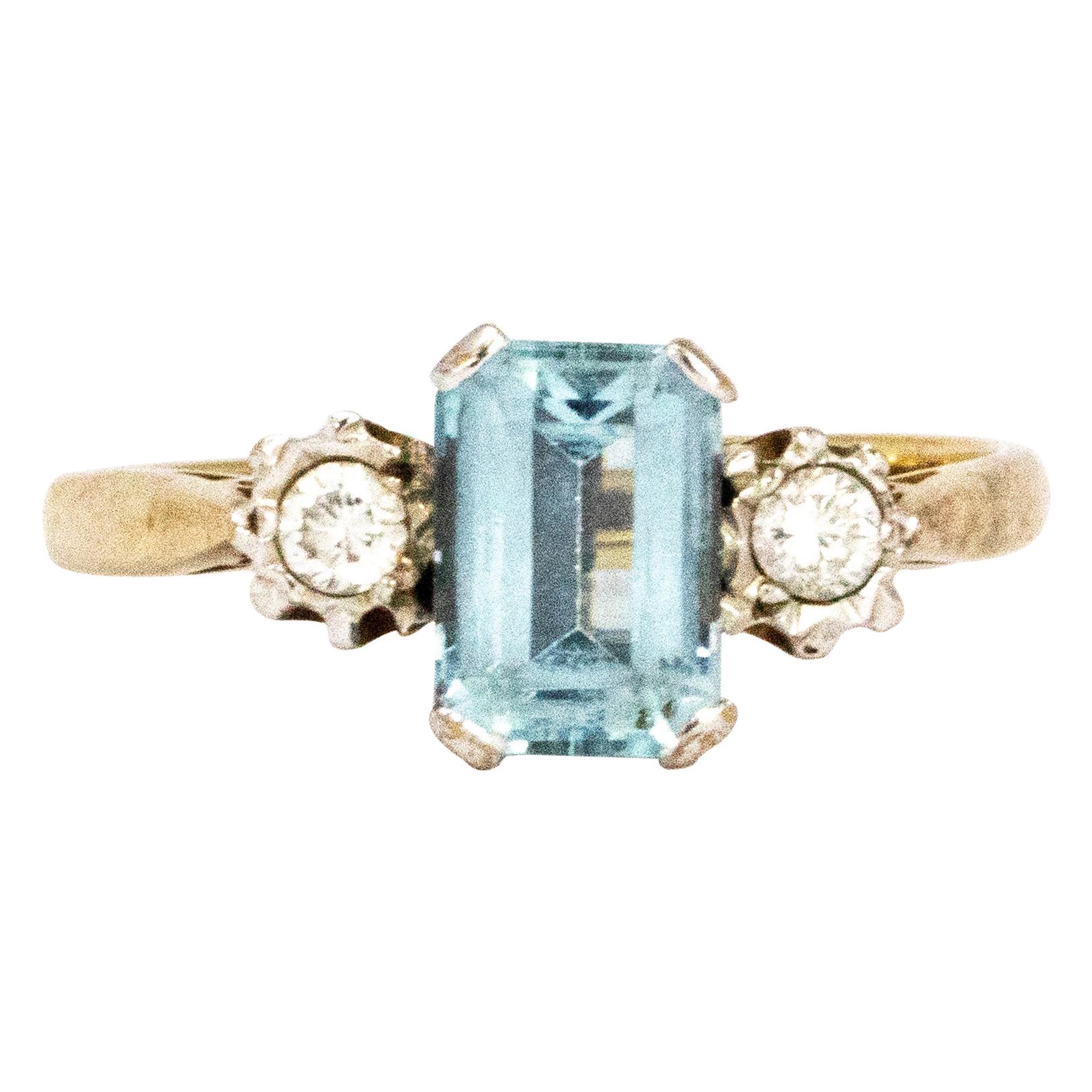 Vintage Aqua and Diamond 9 Carat Gold  Three-Stone Ring