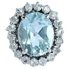 Vintage Aqua and Diamond Platinum Cluster Ring