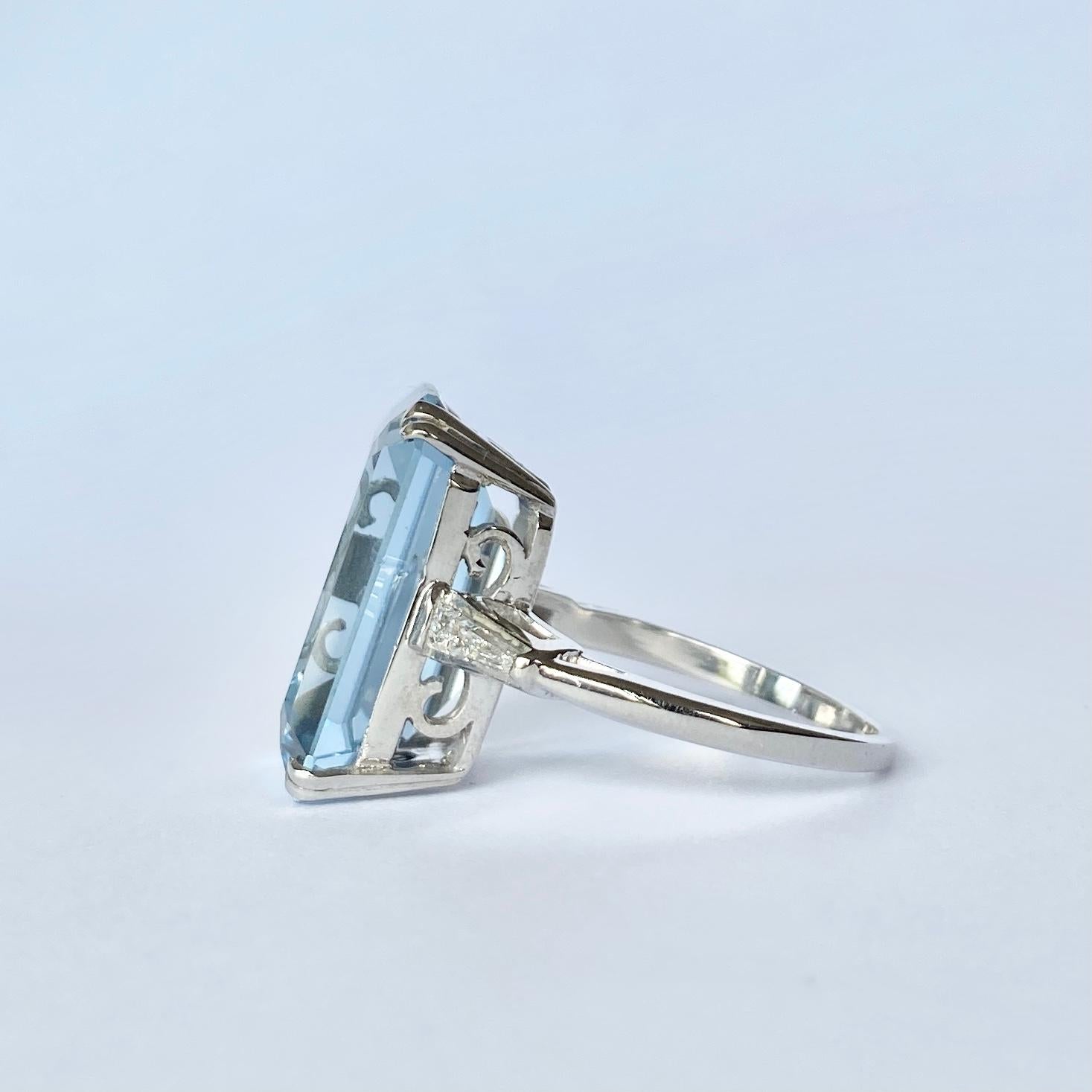 Modern Vintage Aqua and Diamond Platinum Cocktail Ring