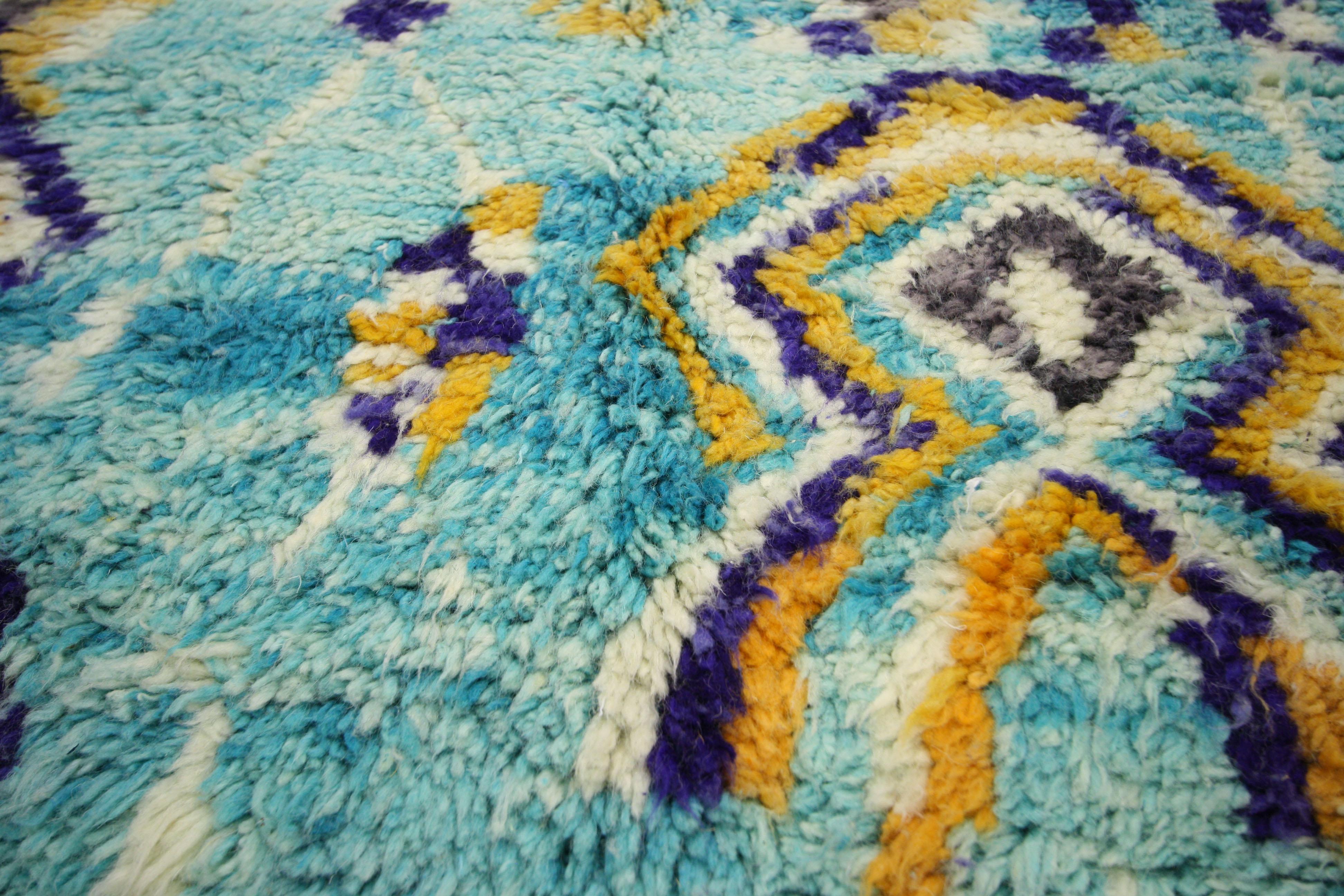 Hand-Knotted Vintage Aqua Blue Boujad Moroccan Rug For Sale