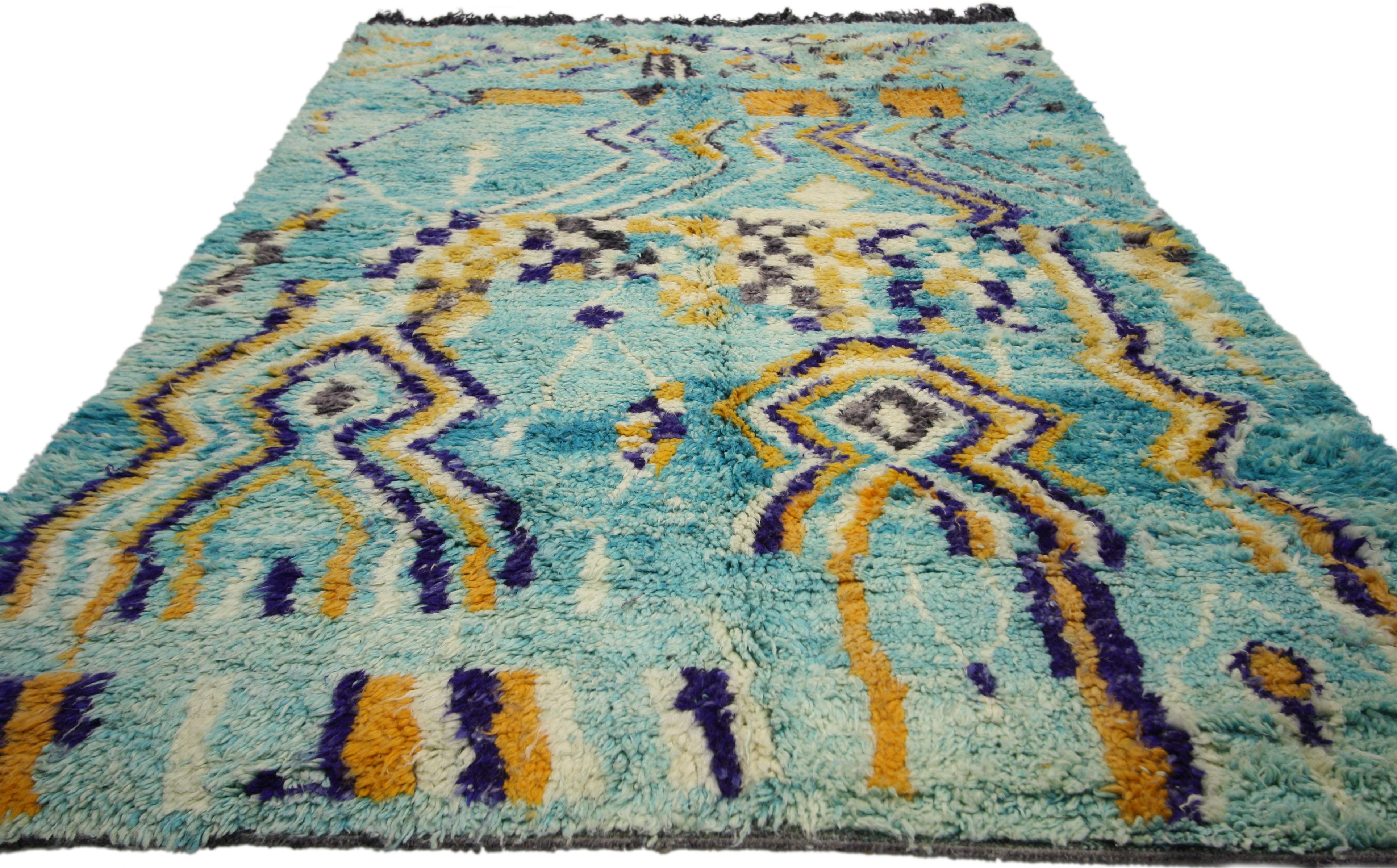 Vintage Aqua Blau Boujad Marokkanischer Teppich im Zustand „Starke Gebrauchsspuren“ im Angebot in Dallas, TX