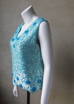 Vintage Aqua Blue Cashmere Hand Beaded and Sequined Sleeveless V Neck Top