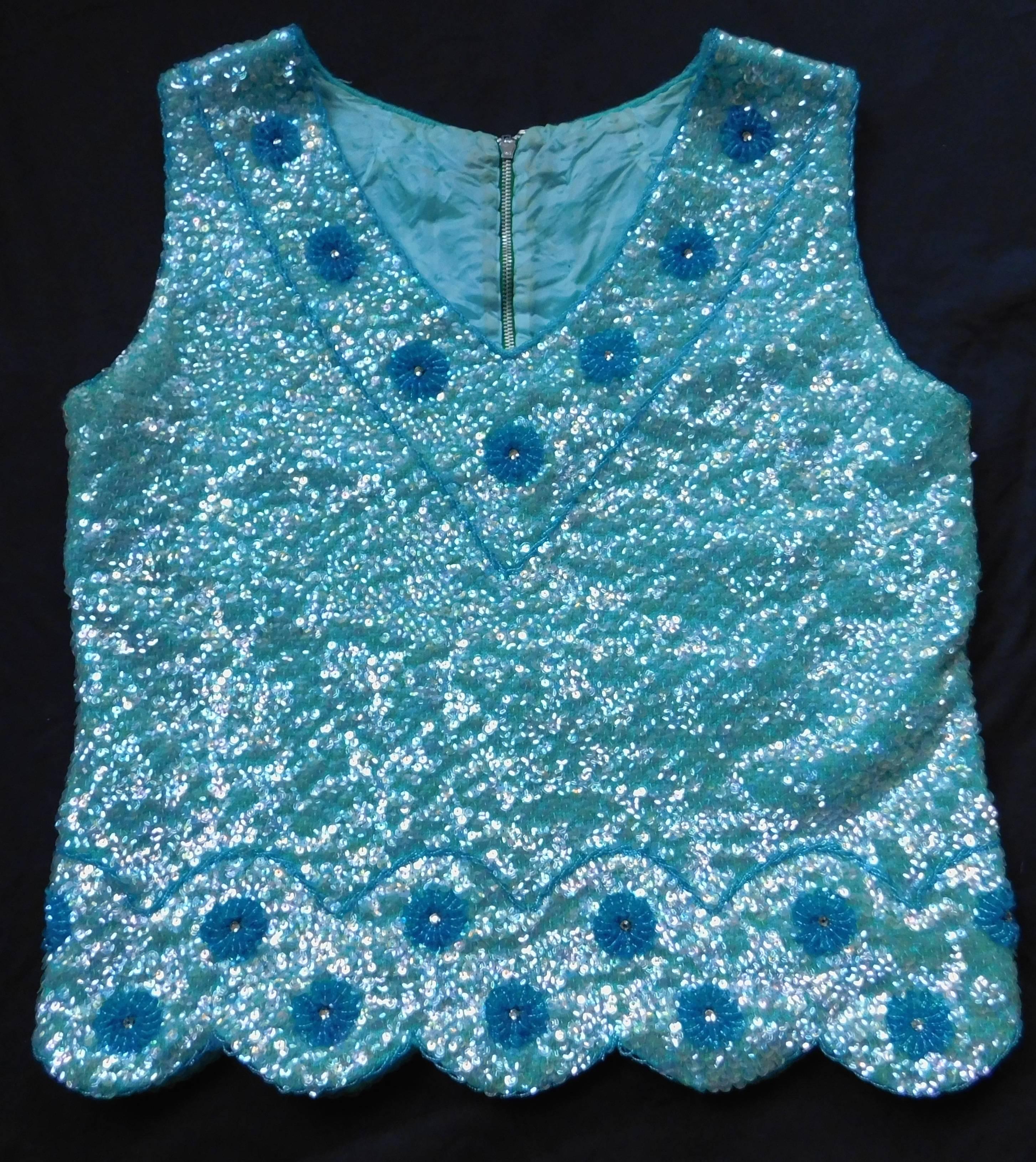 Women's Vintage Aqua Blue Cashmere Hand Beaded and Sequined Sleeveless V Neck Top  For Sale