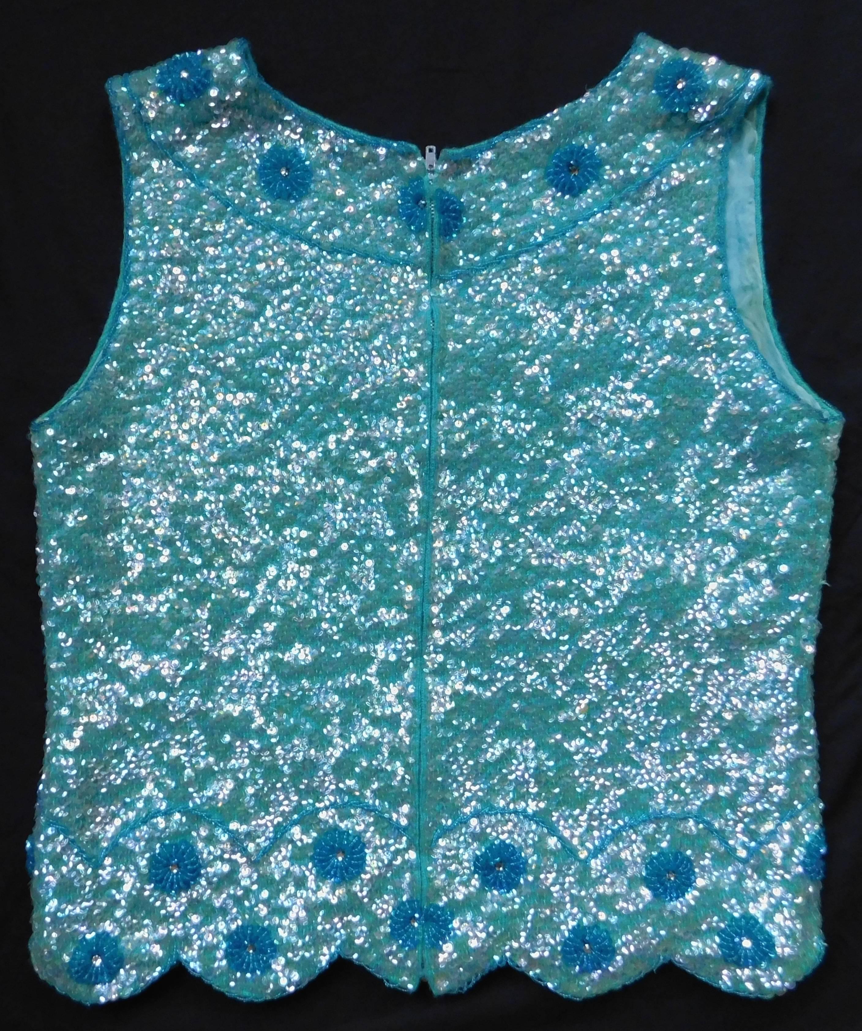 Vintage Aqua Blue Cashmere Hand Beaded and Sequined Sleeveless V Neck Top  For Sale 3