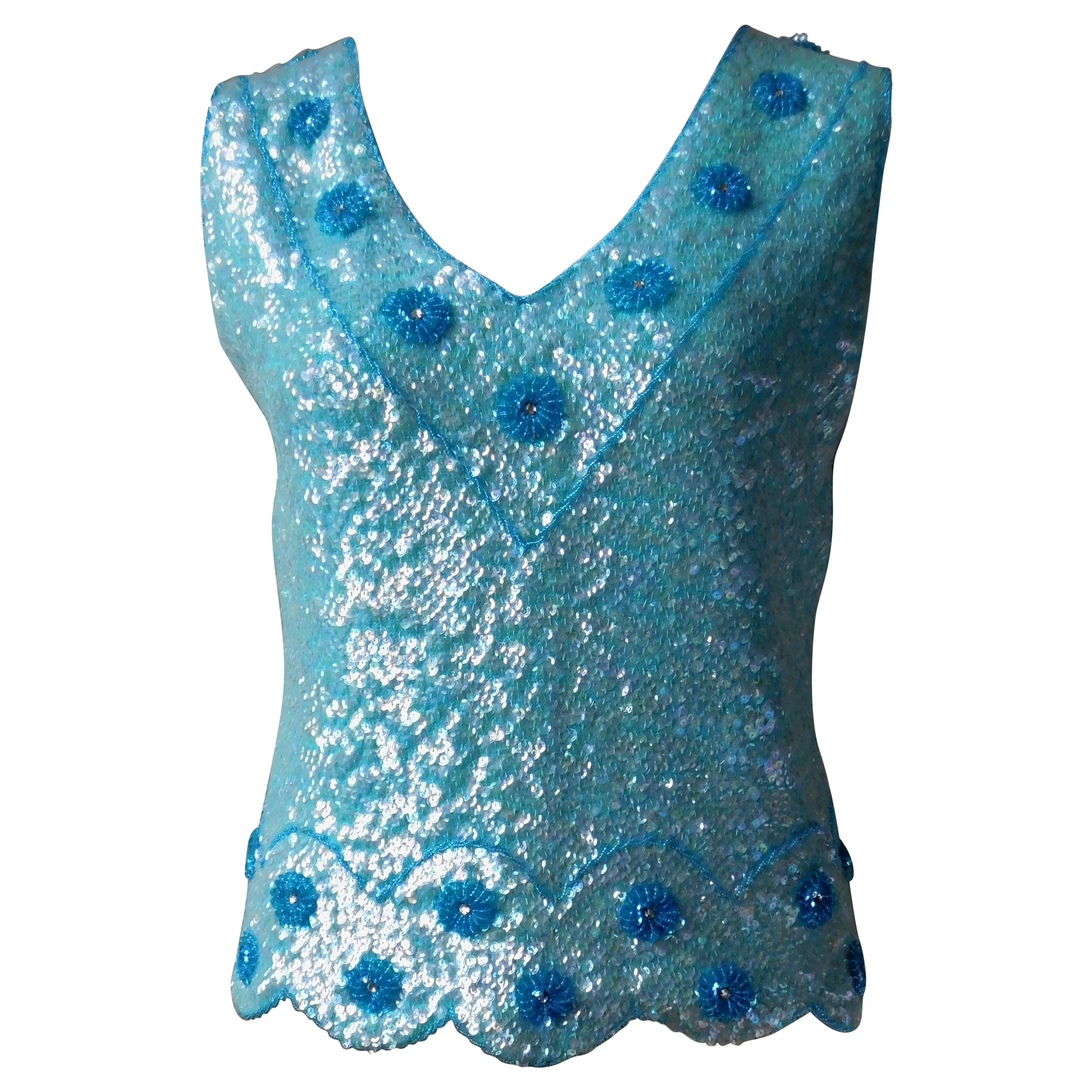 Vintage Aqua Blue Cashmere Hand Beaded and Sequined Sleeveless V Neck Top For Sale