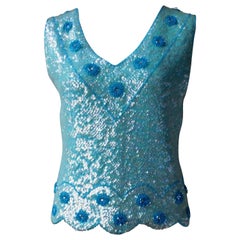 Vintage Aqua Blue Cashmere Hand Beaded and Sequined Sleeveless V Neck Top