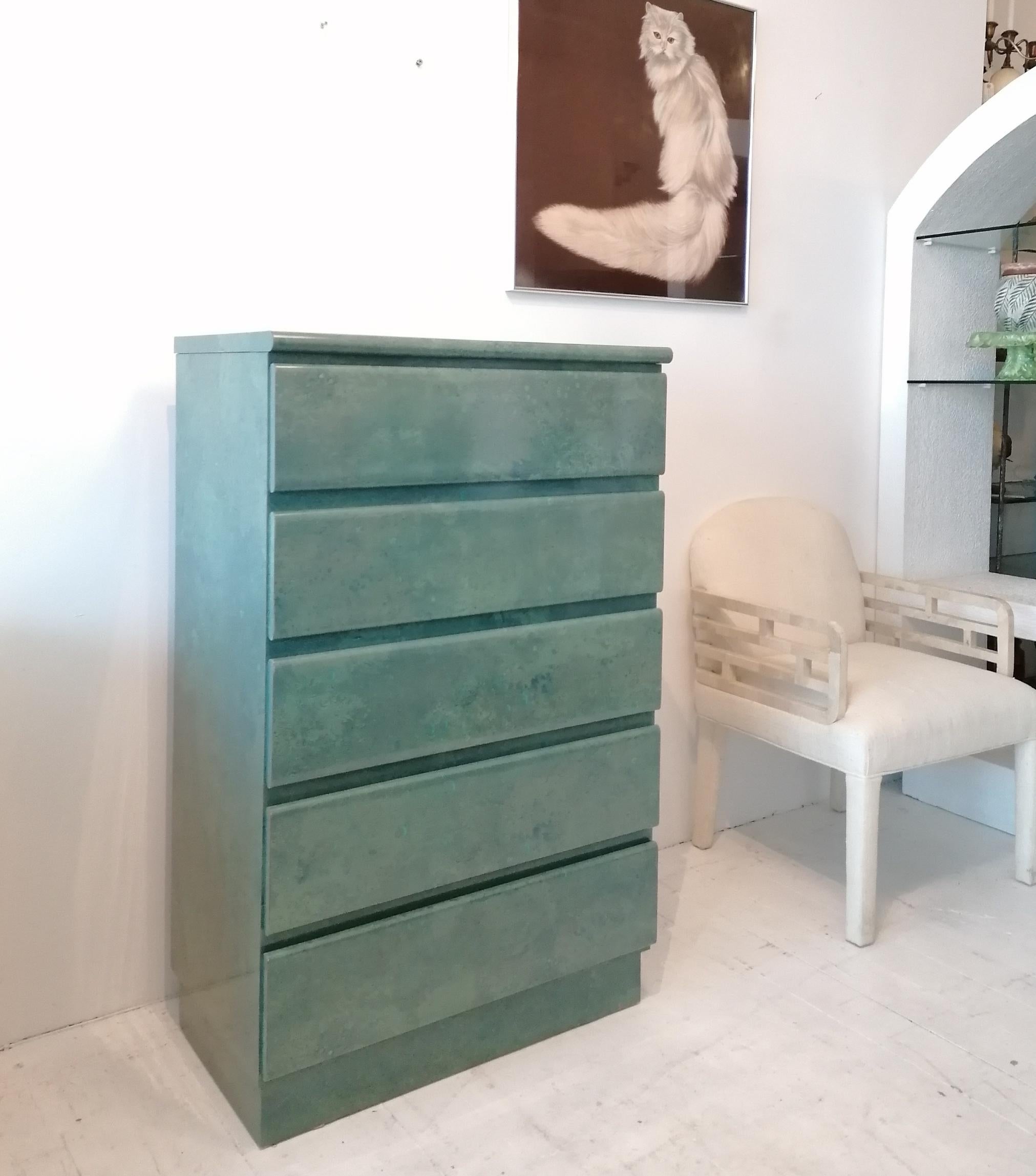 Post-Modern Vintage Aqua / Jade Lacquer Laminate Tall Drawer Cabinet, USA, 1980s For Sale