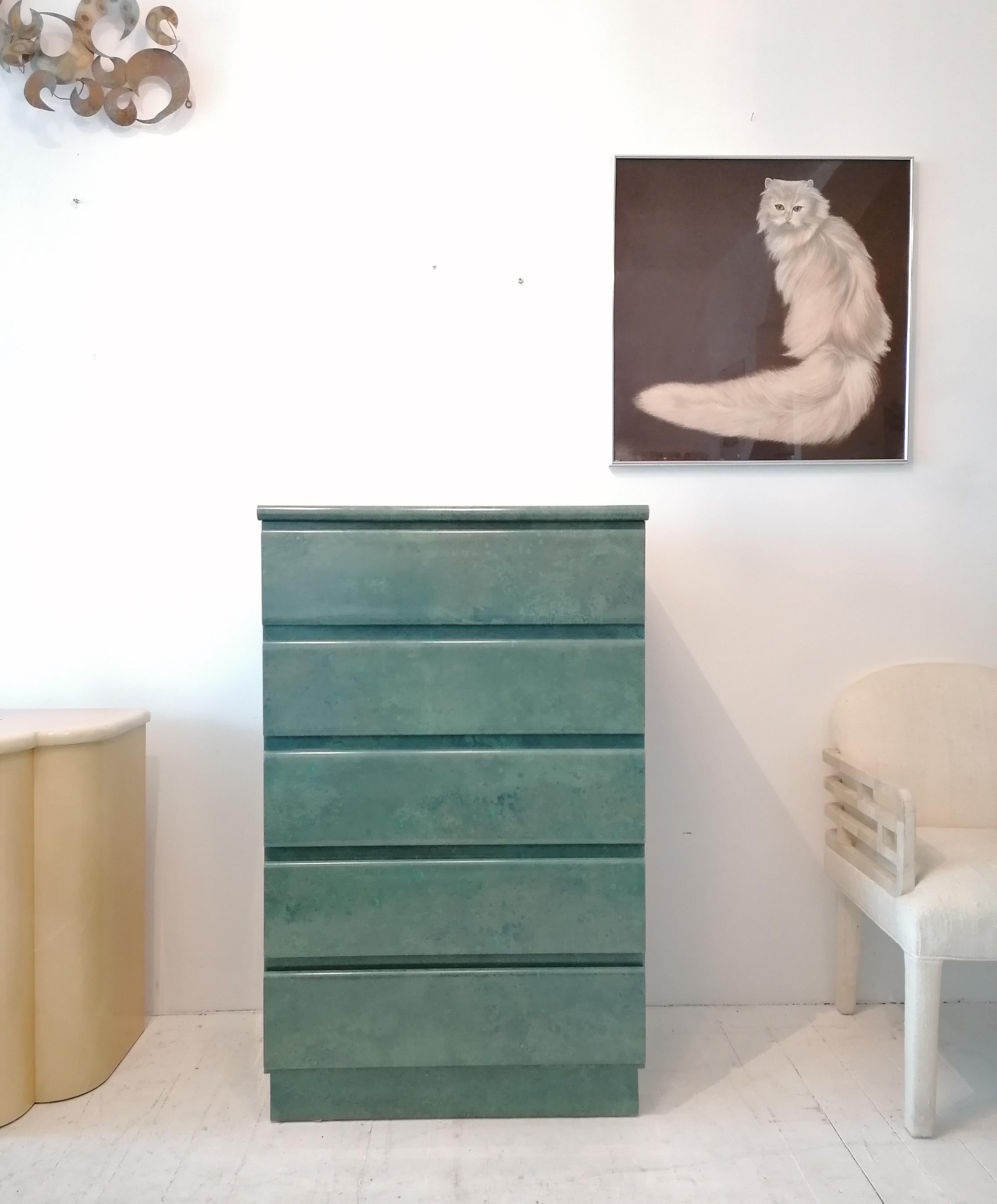 American Vintage Aqua / Jade Lacquer Laminate Tall Drawer Cabinet, USA, 1980s For Sale