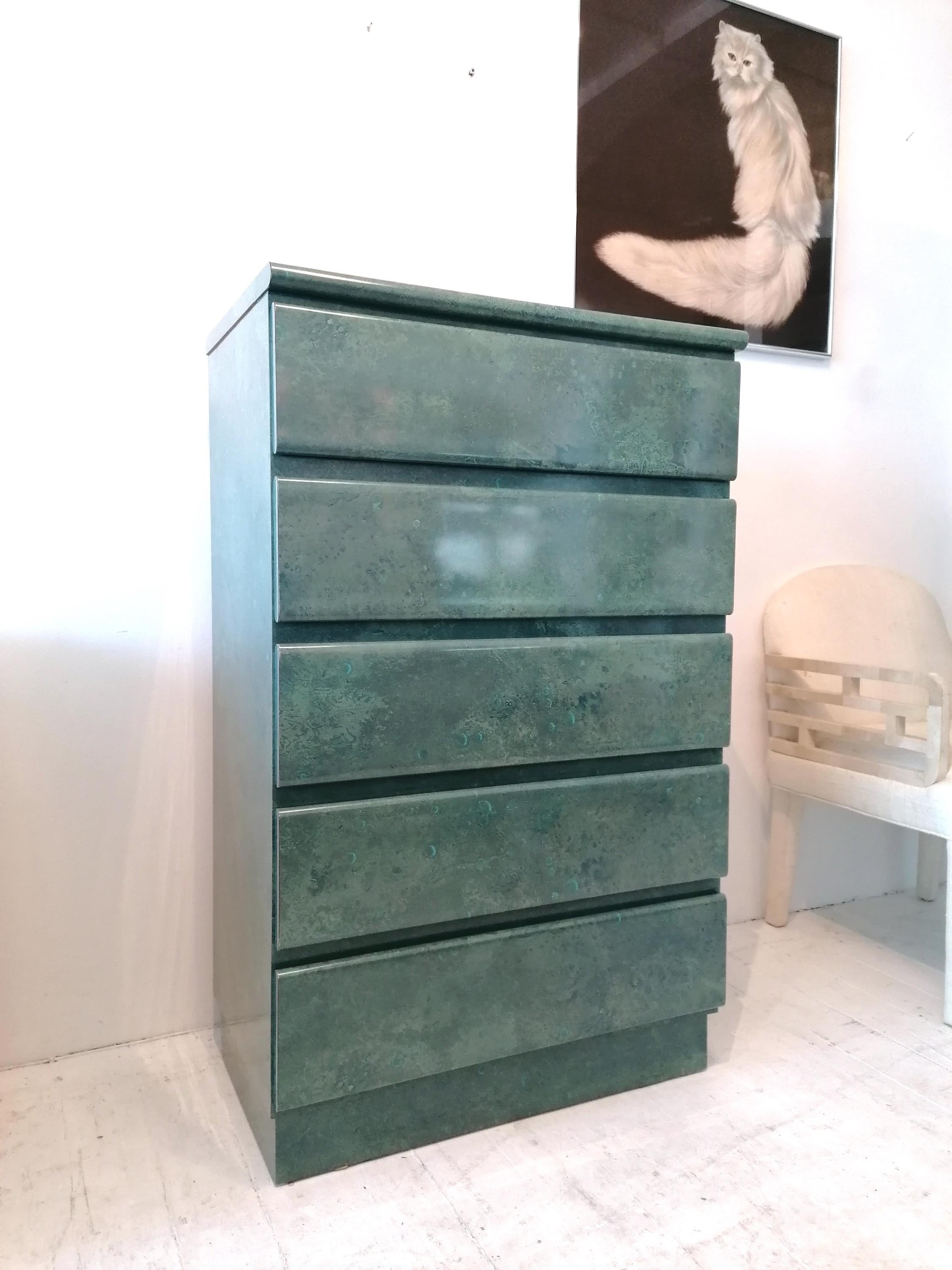 Vintage Aqua / Jade Lacquer Laminate Tall Drawer Cabinet, USA, 1980s In Good Condition For Sale In Hastings, GB