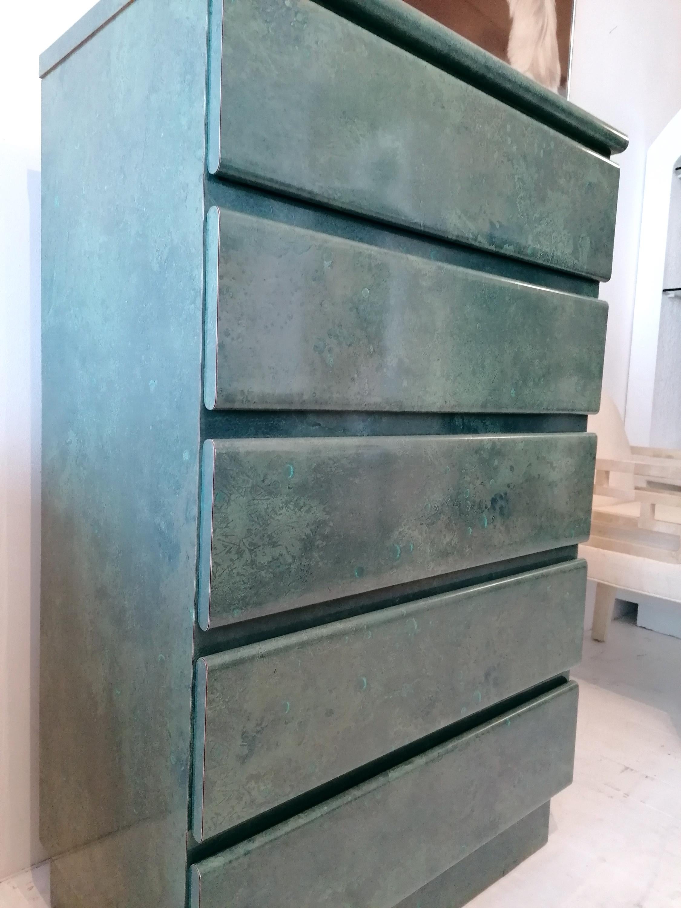 Late 20th Century Vintage Aqua / Jade Lacquer Laminate Tall Drawer Cabinet, USA, 1980s For Sale