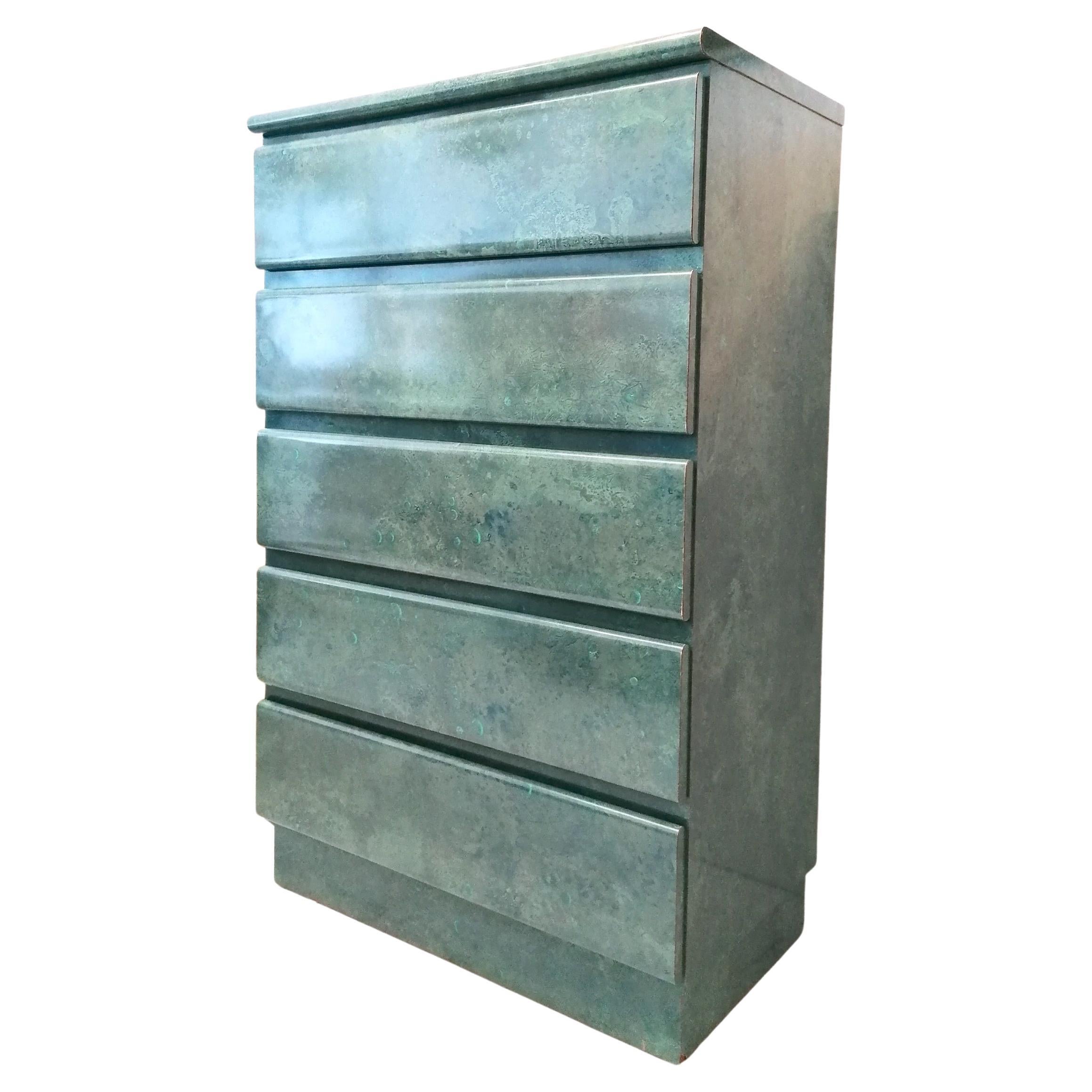 Vintage Aqua / Jade Lacquer Laminate Tall Drawer Cabinet, USA, 1980s For Sale