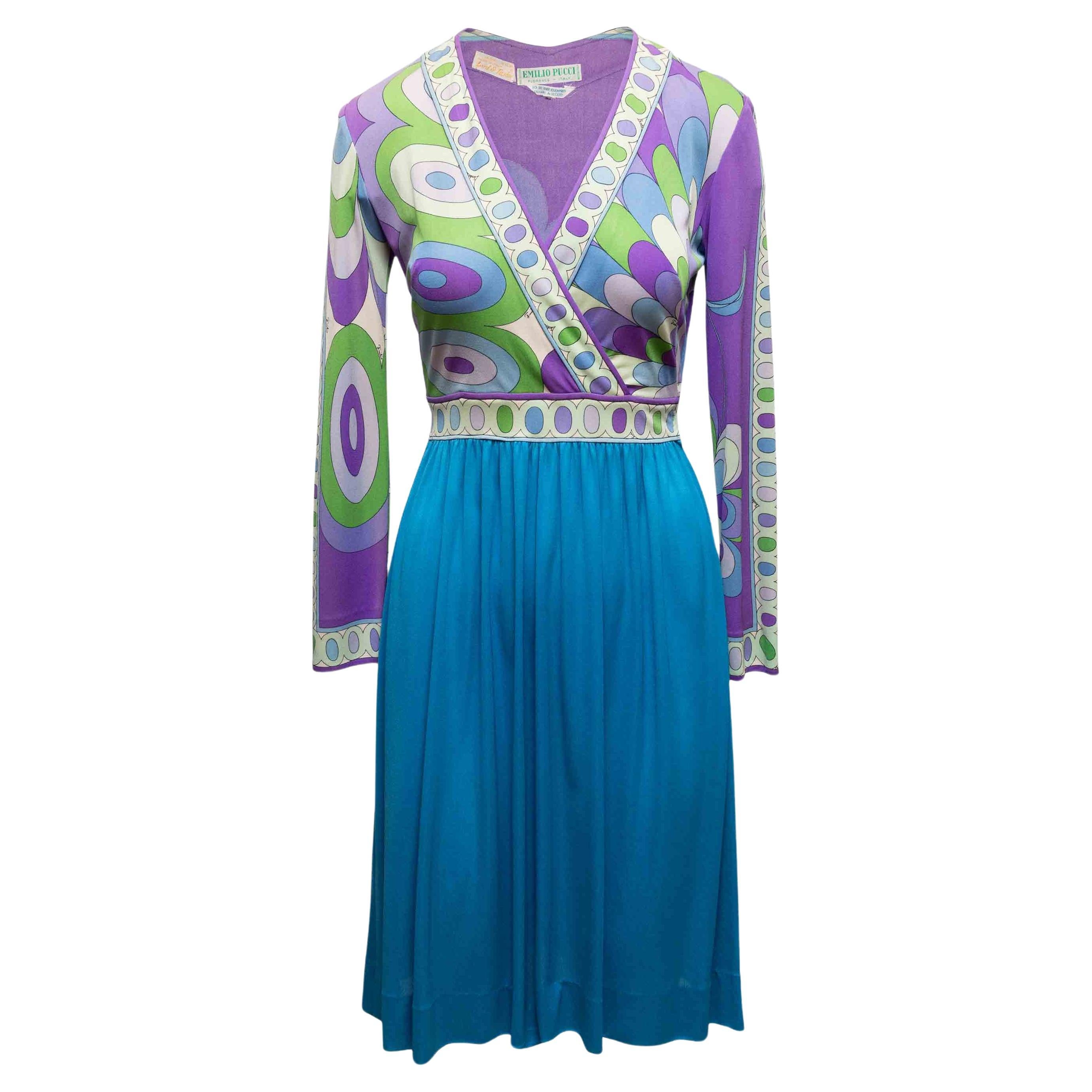 Vintage Aqua & Multicolor Emilio Pucci Seidenkleid Größe US S/M