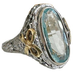 Anillo vintage de filigrana de cinta bicolor de aguamarina de 14 quilates