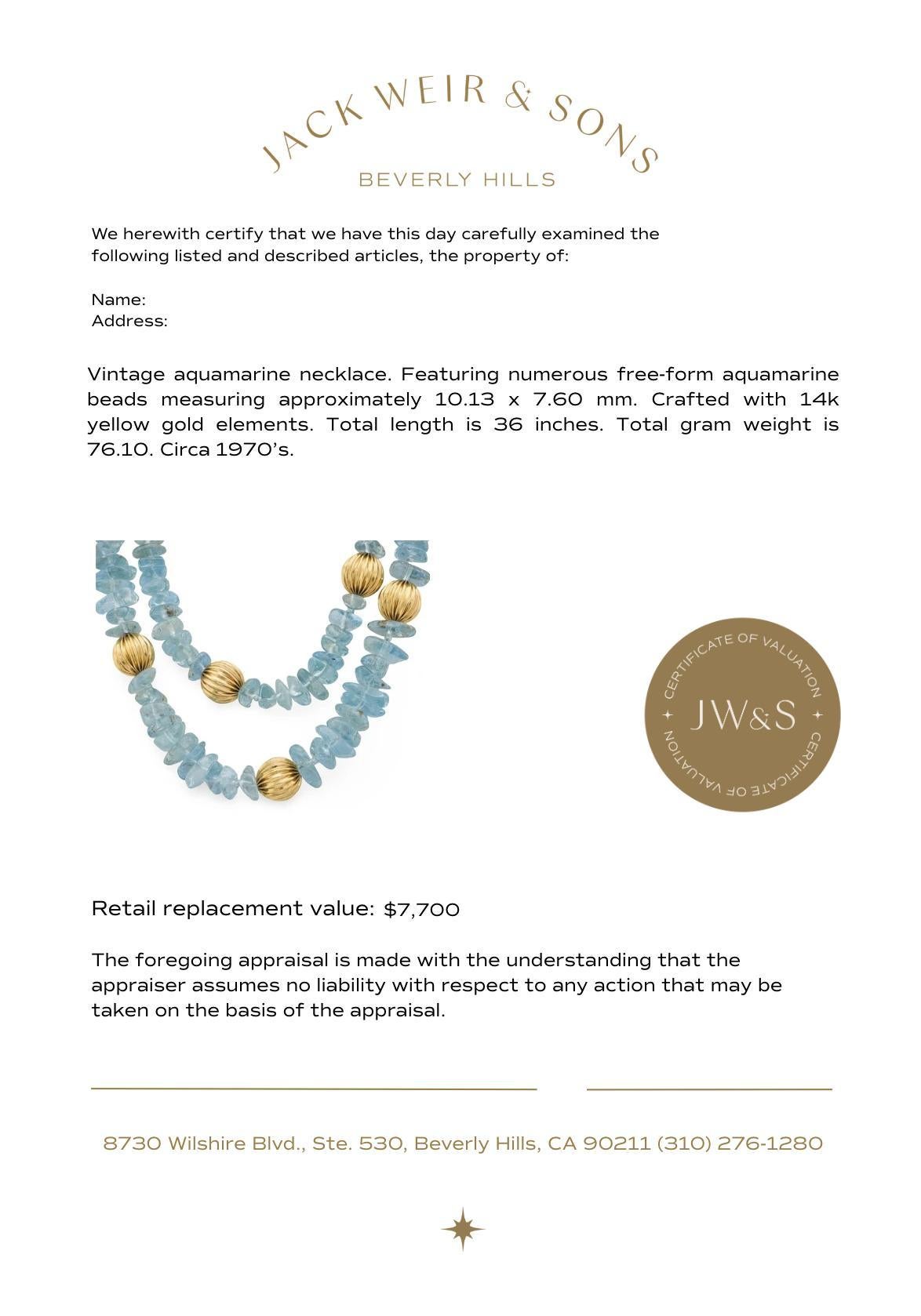 Vintage Aquamarin 14k Gelbgold Perlenkette im Zustand „Gut“ im Angebot in Beverly Hills, CA