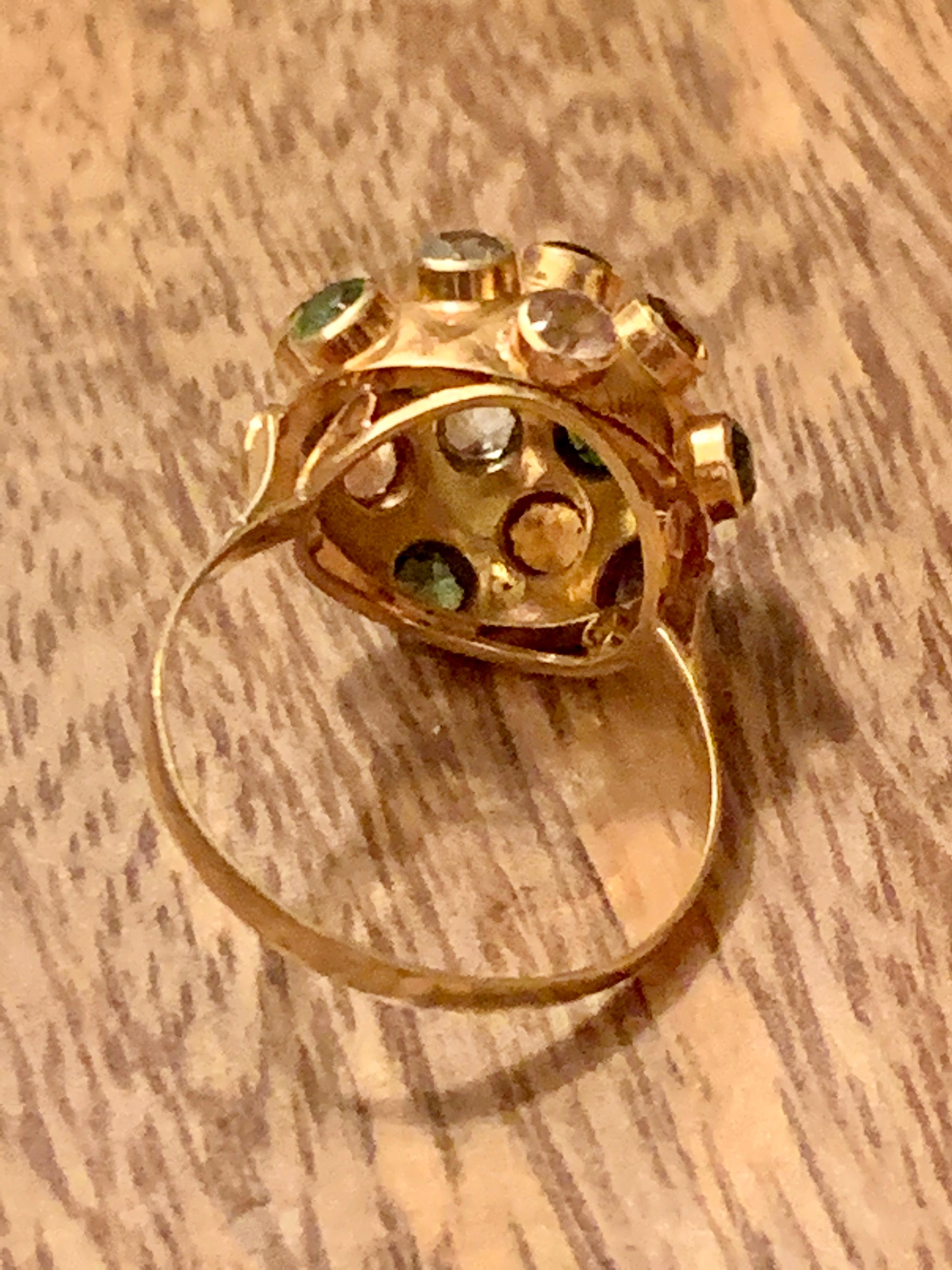 Vintage Aquamarine Amethyst Citrine, Tourmaline 18 Karat Gold Sputnik Dome Ring In Good Condition In St. Louis Park, MN
