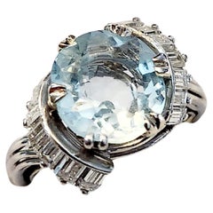 Retro Aquamarine And Brillian Cut Diamond Fench Platinum Ring