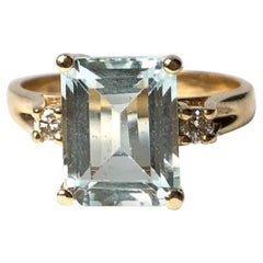 Vintage Aquamarine and Diamond 14 Carat Gold Solitaire Ring
