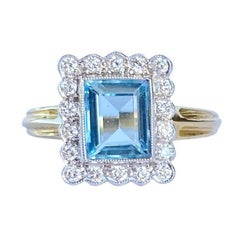 Vintage-Cluster-Ring aus 18 Karat Gold mit Aquamarin und Diamant