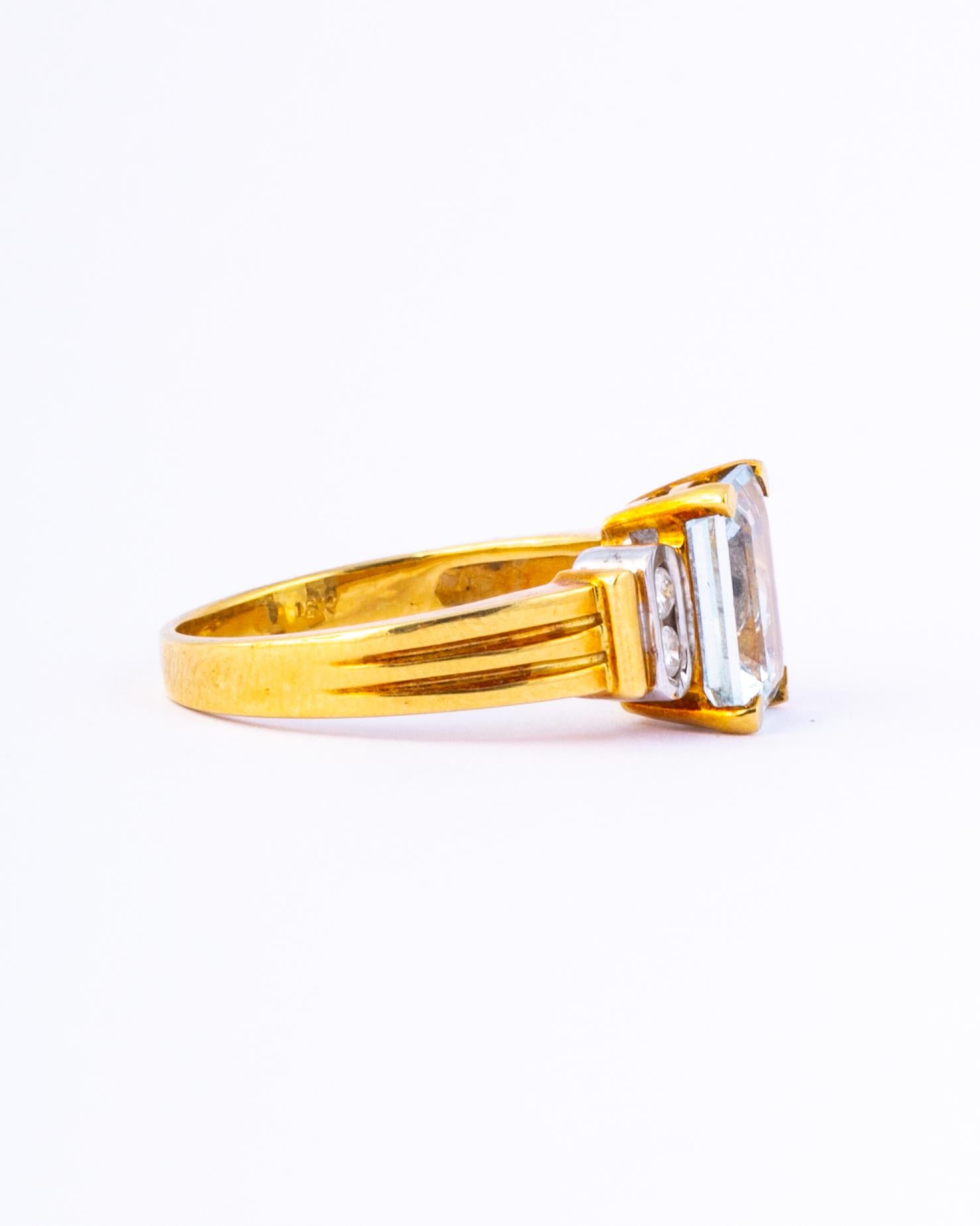 Emerald Cut Vintage Aquamarine and Diamond 18 Carat Gold Solitaire Ring For Sale