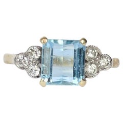 Vintage Aquamarine and Diamond 18 Carat Gold Solitaire Ring
