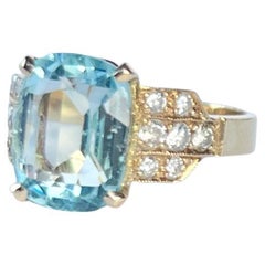 Vintage Aquamarine and Diamond 18 Carat Gold Solitaire Ring
