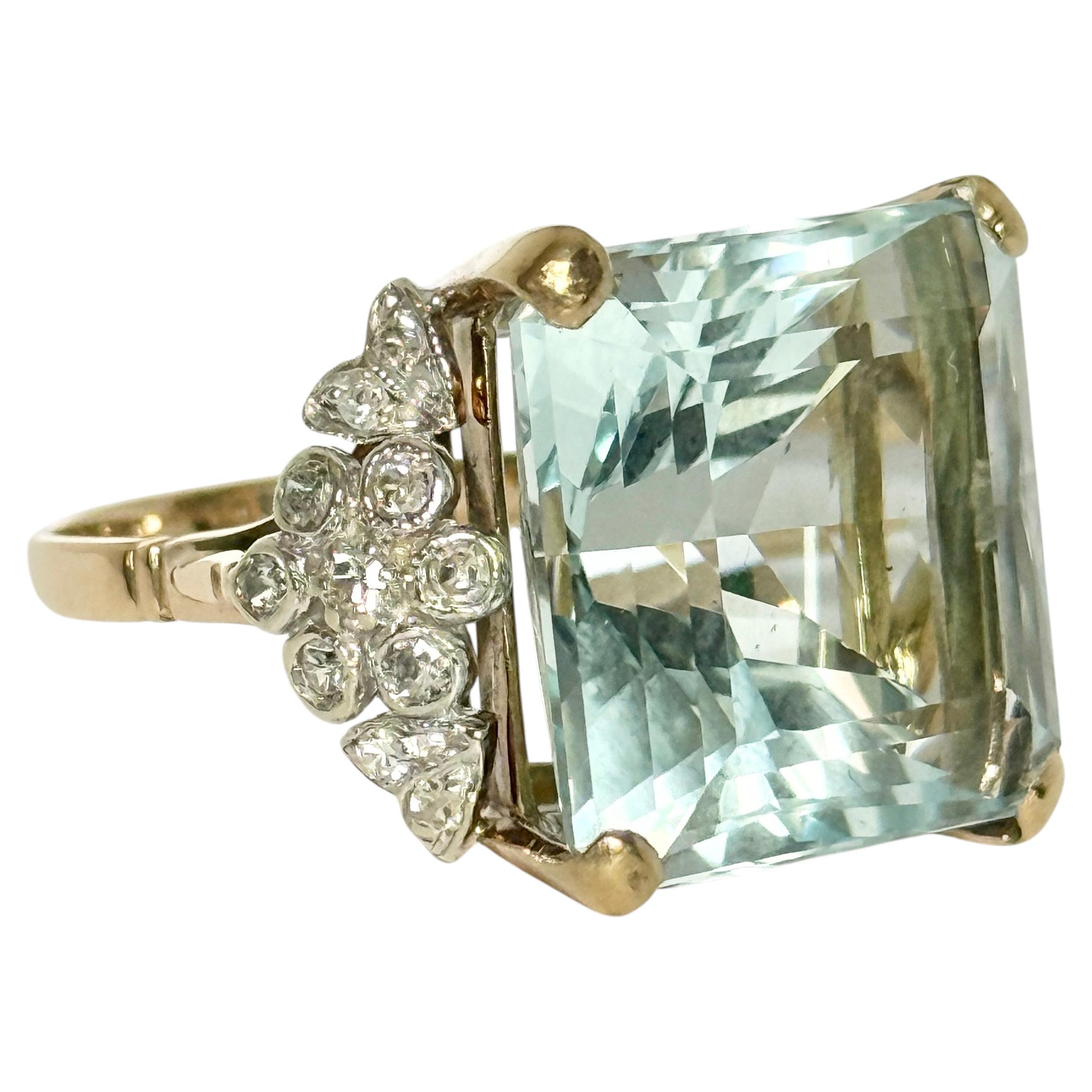Vintage Aquamarine and Diamond 18 Carat Gold Solitaire Ring