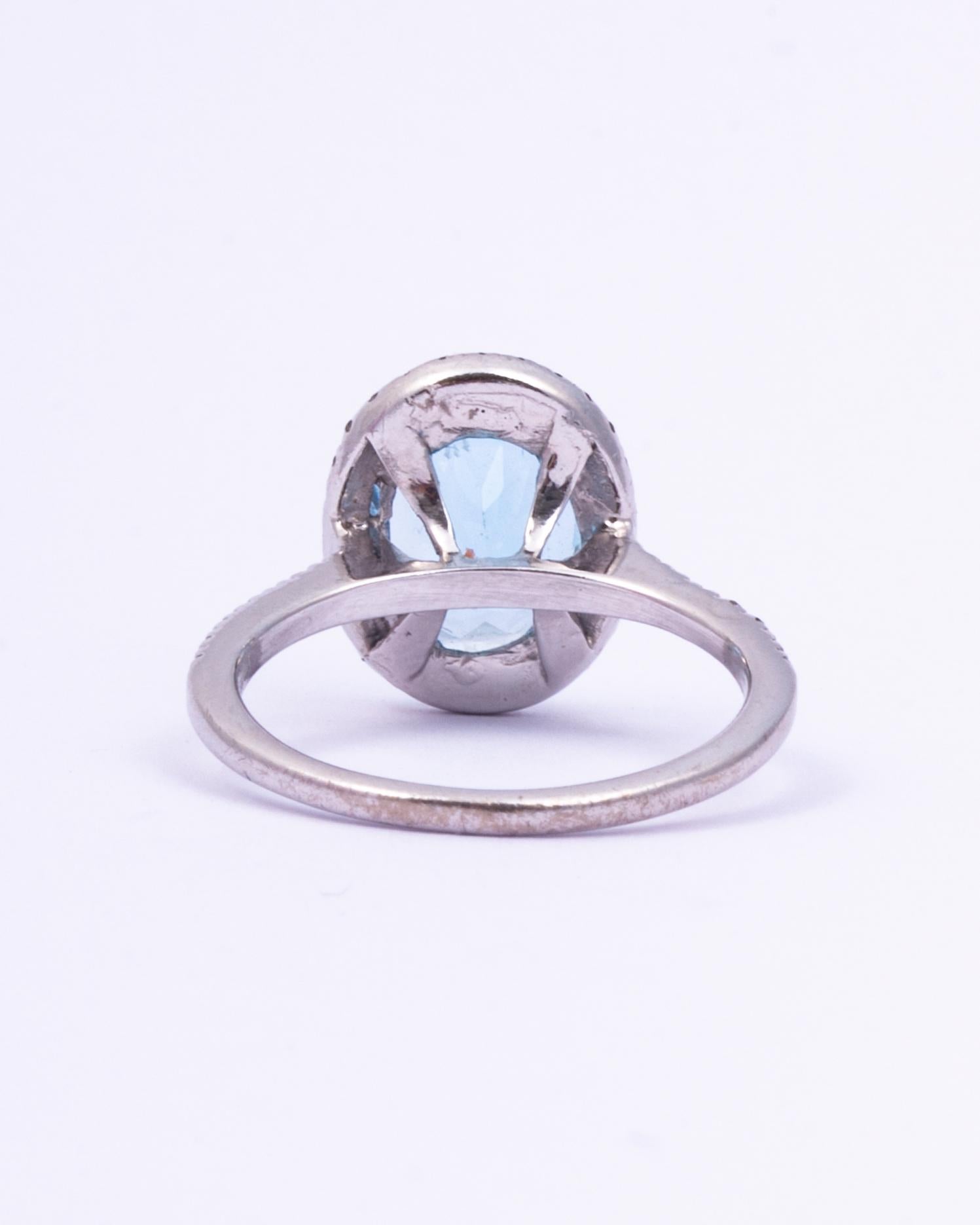 Oval Cut Vintage Aquamarine and Diamond 18 Carat White Gold Cluster Ring