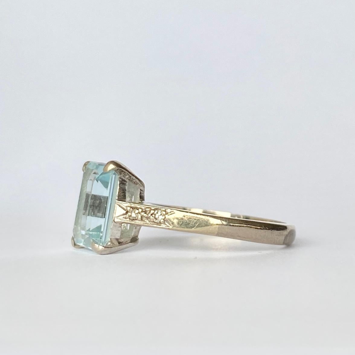 Emerald Cut Vintage Aquamarine and Diamond 18 Carat White Gold Solitaire Ring