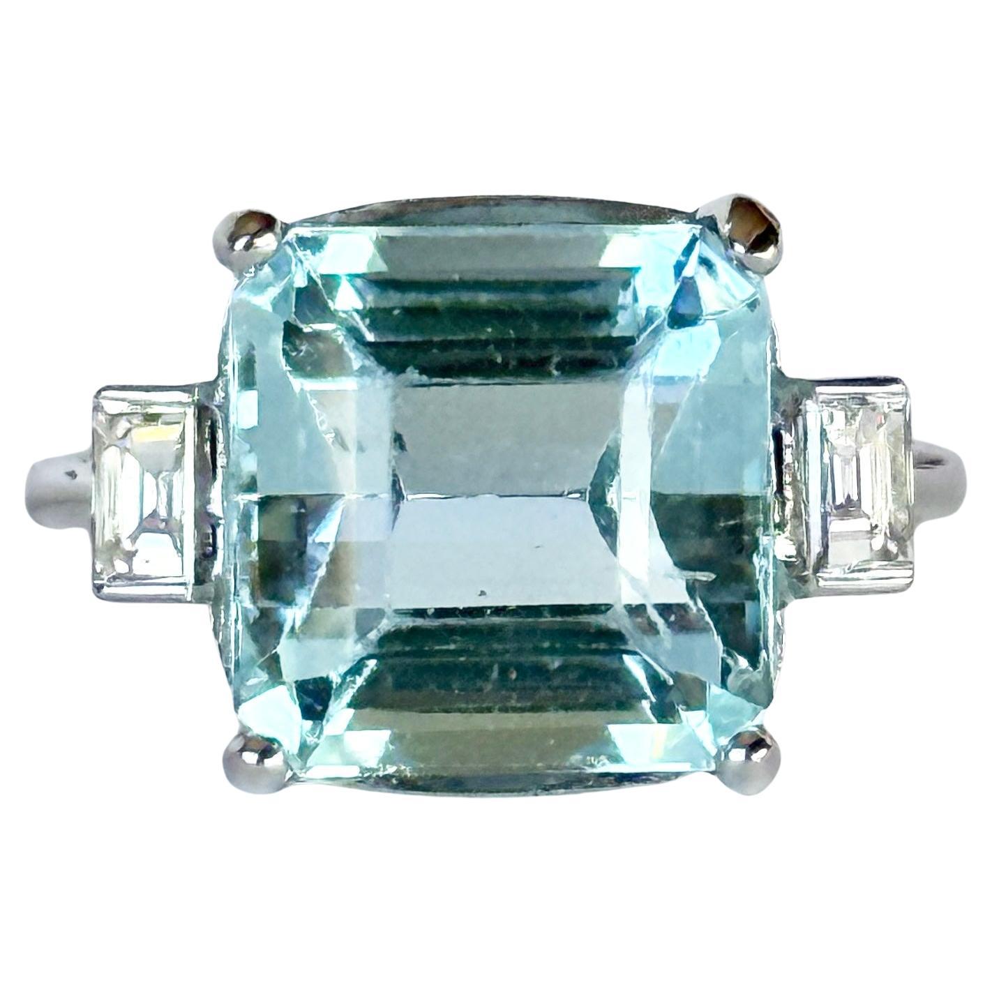 Vintage Aquamarin und Diamant 18 Karat Weißgold Solitär Ring