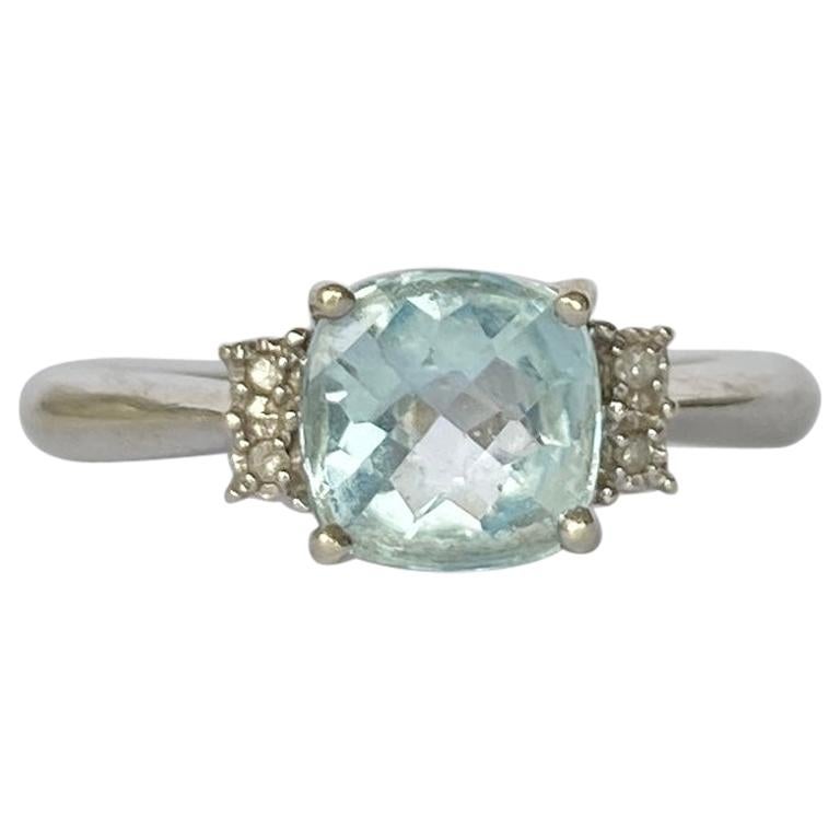 Vintage Aquamarine and Diamond 9 Carat White Gold Solitaire Ring