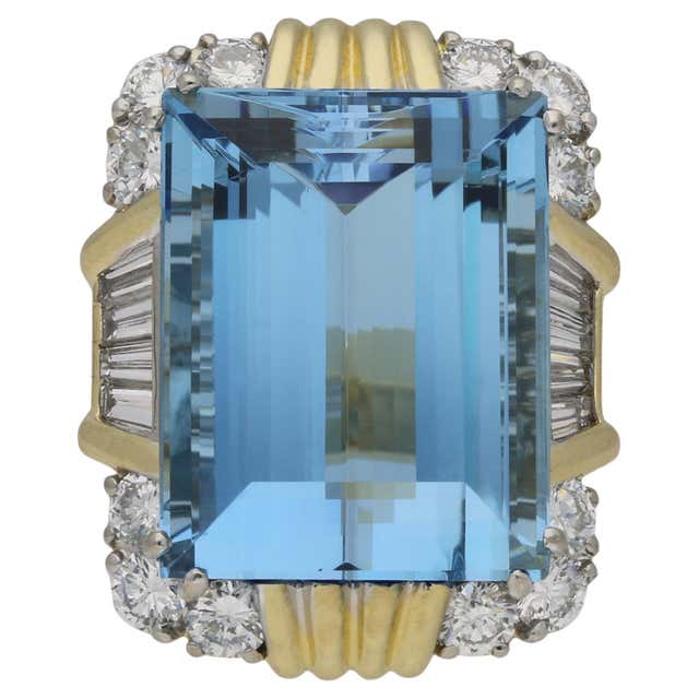Cocktail Rng Vintage 18ct Rose Gold, 1940s Cushion Cut Aquamarine and Diamond ...