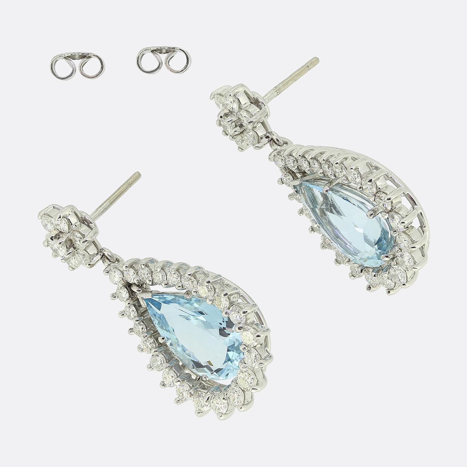 Pear Cut Vintage Aquamarine and Diamond Drop Earrings For Sale