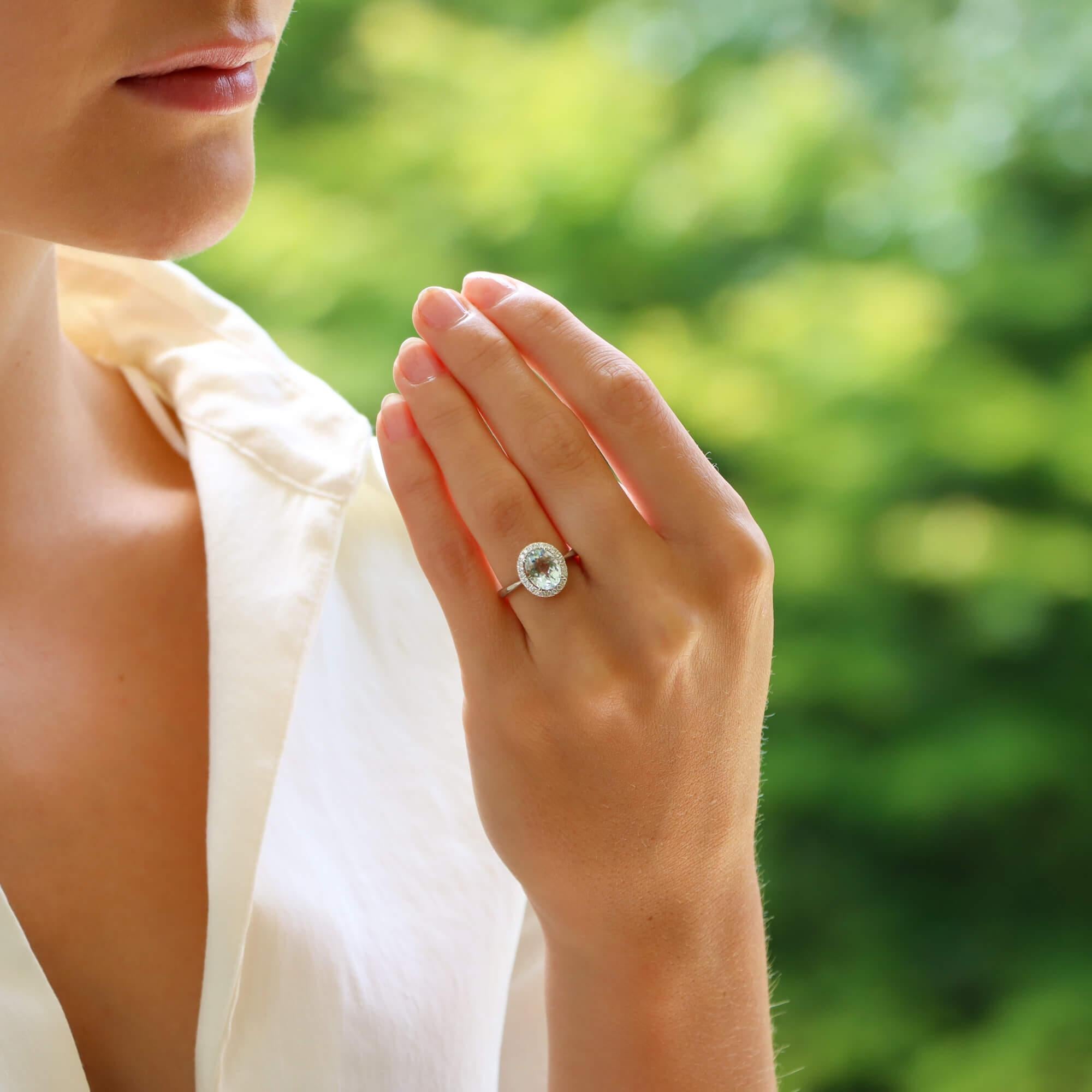 Modern Vintage Aquamarine and Diamond Halo Cluster Ring in White Gold For Sale