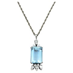 Vintage Aquamarin und Diamant-Anhänger Halskette 14 Karat Weißgold & Platin