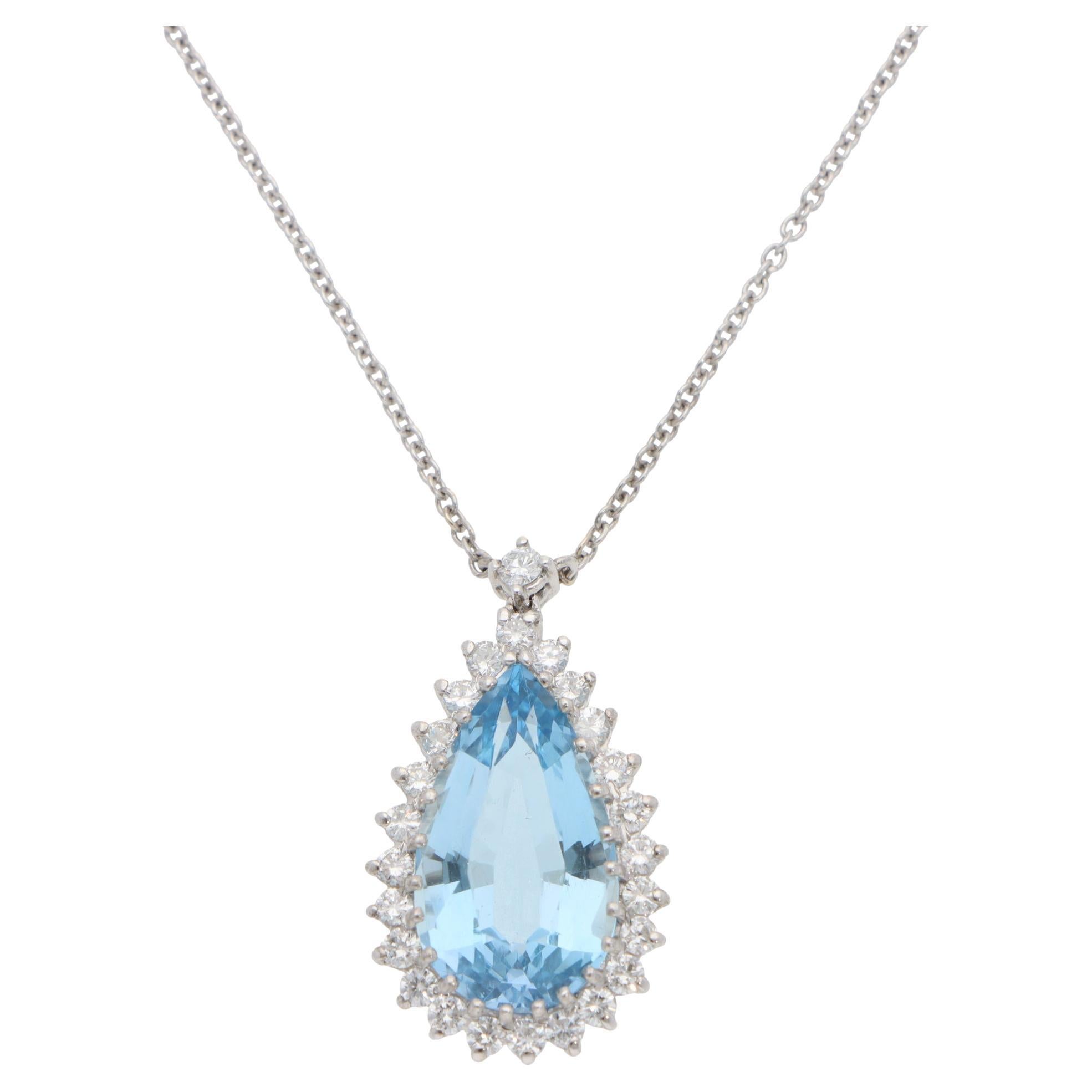 Vintage Aquamarine and Diamond Pendant Necklace in White Gold