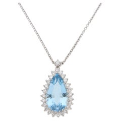 Vintage Aquamarine and Diamond Pendant Necklace in White Gold