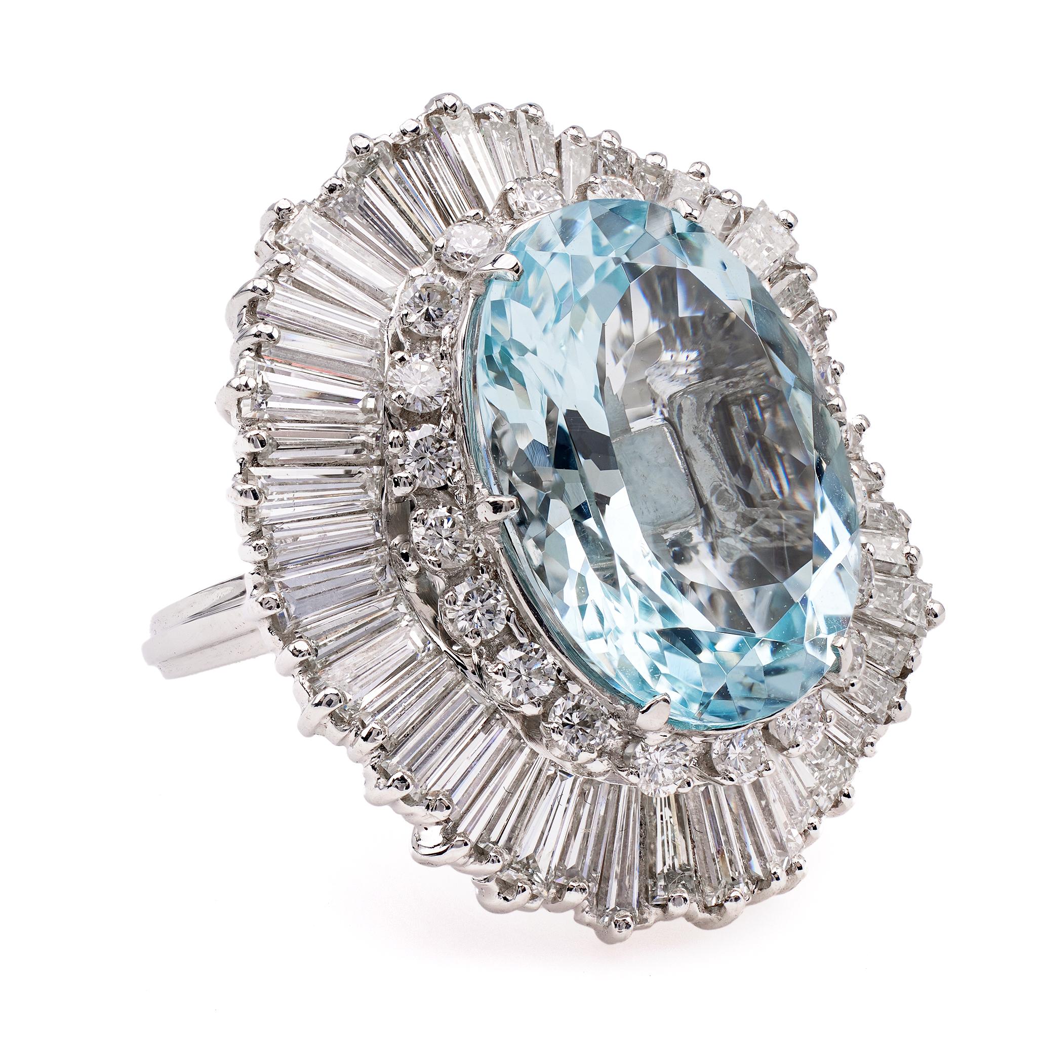 Platin-Ballerina-Ring mit Aquamarin und Diamant für Damen oder Herren