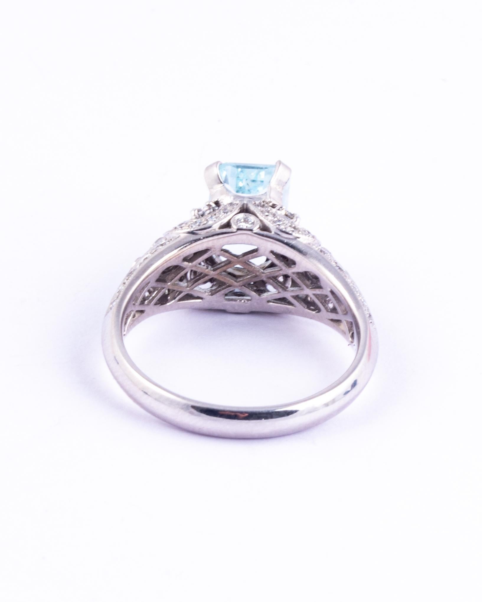 Emerald Cut Vintage Aquamarine and Diamond Platinum Solitaire Ring